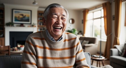Obraz premium Laughing elderly Asian man wearing a sweater in a living room during a family gathering