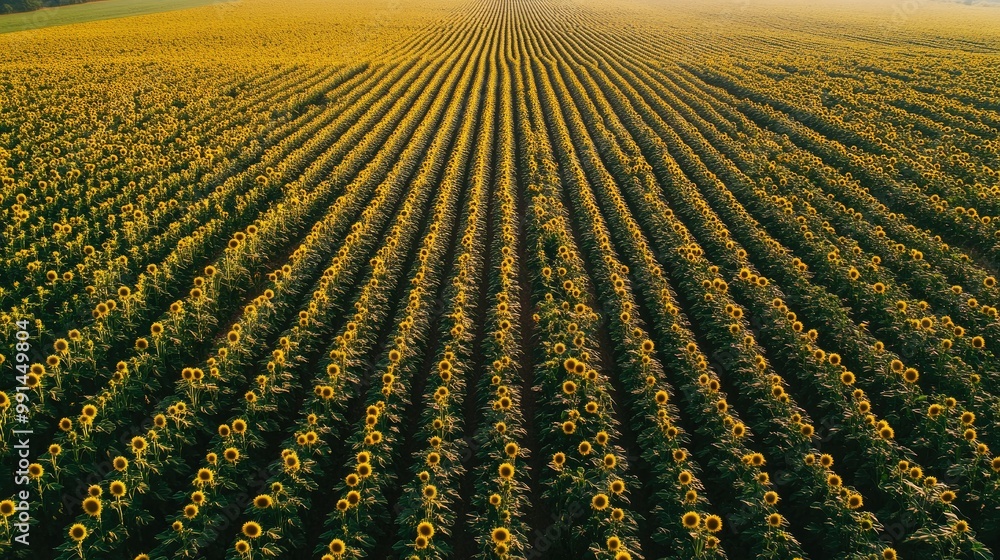 Poster aerial view of a sunflower field with a bright sky, creating a large blank space at the top for copy