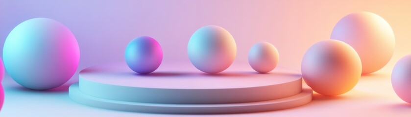 Obraz premium A vibrant display of colorful spheres on a sleek platform, creating a modern and artistic atmosphere for creative projects.