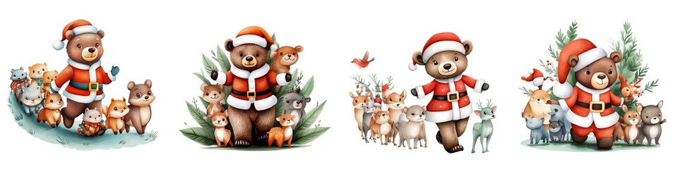 Fototapeta premium Cheerful holiday illustration featuring Santa bears with woodland animals, perfect for festive decorations and greeting cards.