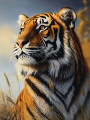 Naklejka premium Realistic Acrylic Paintings on canvas a portrait of a Bengal tiger in profile