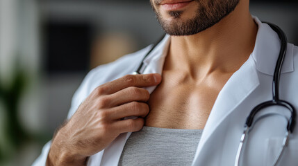 doctor in white coat is performing body check on young adult, showcasing professionalism and care. close up highlights doctors attentive demeanor and medical expertise