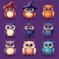 Fototapeta premium A set of adorable Halloween-themed avatars based on a Charming witch owl.