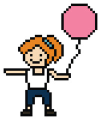 Cute pixel cartoon character girl kid hold or play balloon decoration 8 bit woman with balloon pixel game png vector.