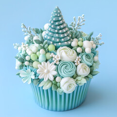Winter themed cute cup cake with flowers and Christmas tree on it