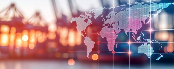 Fototapeta premium A high-tech port with a glowing world map, where international shipping routes are tracked in real time to optimize global trade.