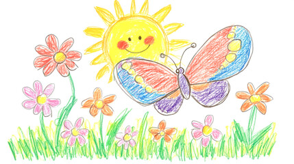 Colorful butterfly flying in a field of flowers with smiling sun