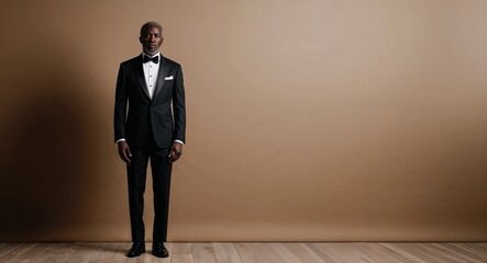 Fototapeta premium Middleaged Black man in a luxurious tuxedo standing elegantly against a warm taupe background