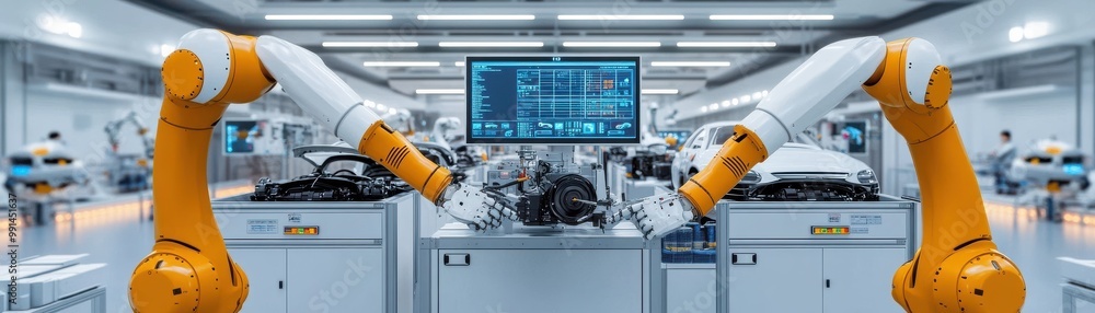 Poster advanced robotic arms in a modern industrial environment, showcasing automation and technology in ma