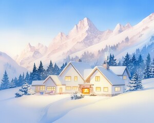 Snow-covered mountain lodge with glowing fireplaces, surrounded by towering snowy peaks, cozy winter retreat