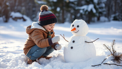 adorable kid building a snowman