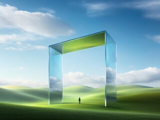 A solitary figure stands before a reflective, modern portal in a stunning, serene landscape under a bright, open sky.