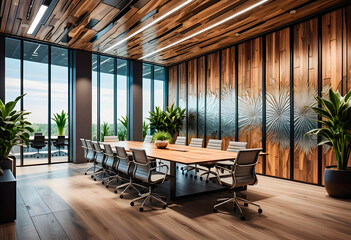 Fototapeta premium Modern coworking office interior with furniture and equipment and plants. AI generated.