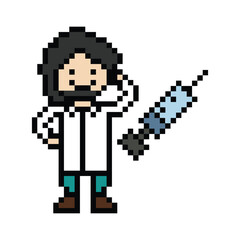 Cute pixel cartoon 8bit character man doctor or scientist game care for decoration pharmacist male doctor in hospital 8 bit male pixel art png vector.