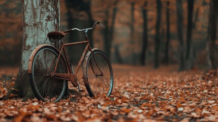 Vintage bicycle leaning against a tree in an autumn forest covered with fallen leaves