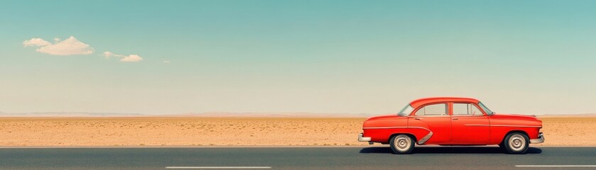 A vintage red car cruising along a deserted road under a clear blue sky, showcasing classic design and freedom in travel.