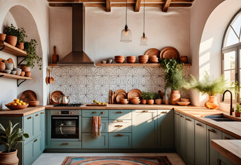 Interior of modern kitchen with dark green wooden furniture and green plants in pots. AI generated