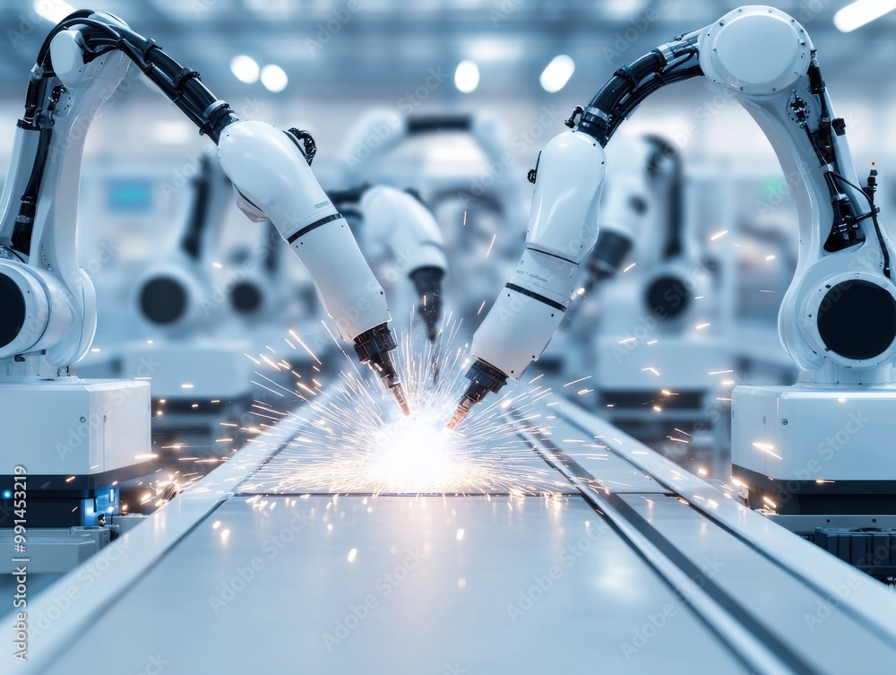 Poster industrial robots performing welding in a modern factory, showcasing precision and advanced technolo