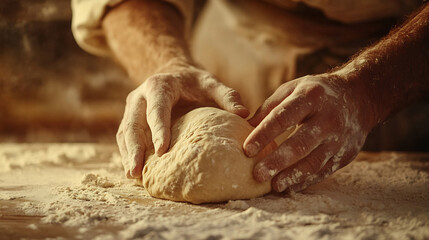 Close-up of hands kneading dough on floured surface, traditional bread-making process