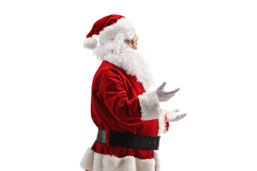 Santa Claus geaturing with hands and talking