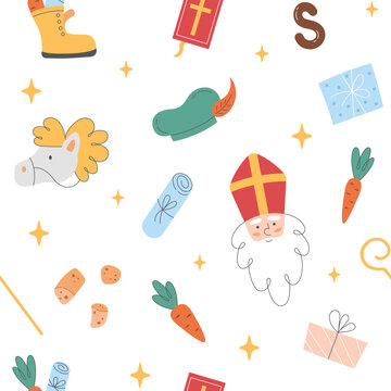 Seamless pattern with Sinterklaas or Saint Nicholas Day theme elements on white background. Hand drawn Christmas or winter holiday wallpaper. Vector illustration.