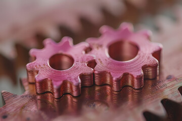 Metal gears interlock to form a flexible pink mechanism. It represents camaraderie.