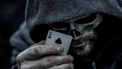 A skeletal figure in a dark hood holds a burning ace of spades, symbolizing the balance between fate, power, and the inevitable approach of death.