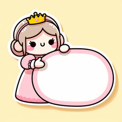 Obraz premium Cute princess supporting an empty note sticker on a light yellow background, perfect for framing or writing notes