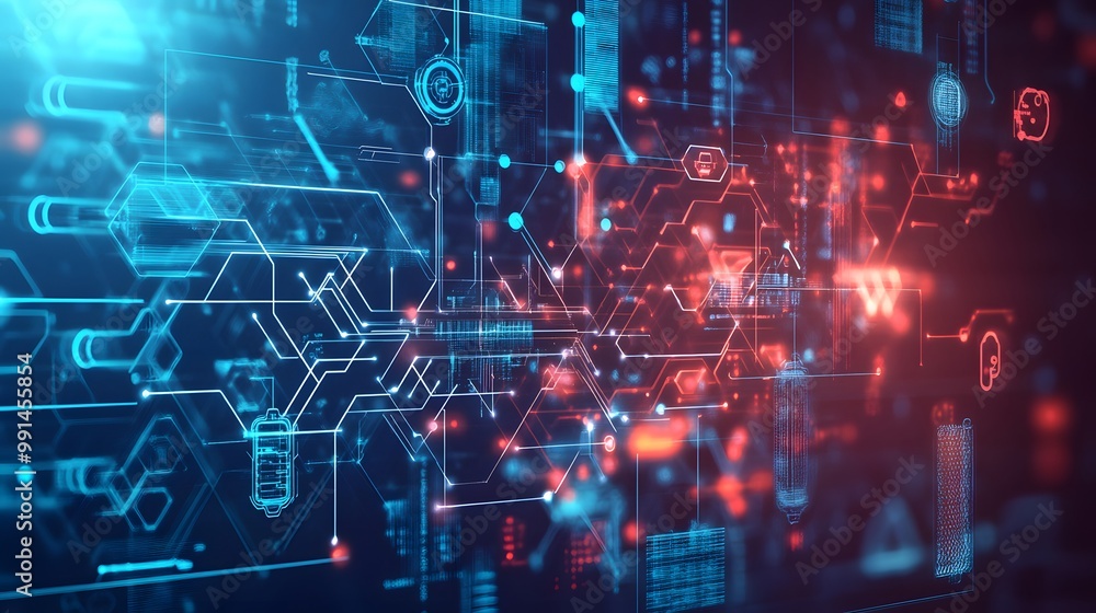 Poster abstract digital network with glowing lines and shapes