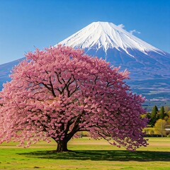 sakura, hanami, blooming Japanese cherry tree in front of the highest mountain