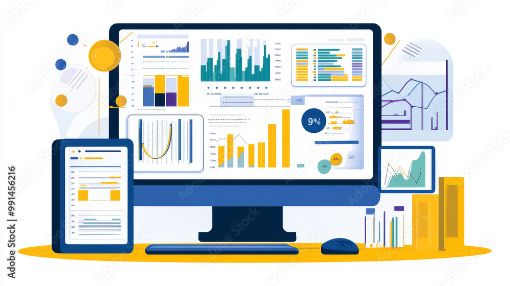 Poster this image shows how data analysis helps businesses. it includes charts, graphs, and a computer scre