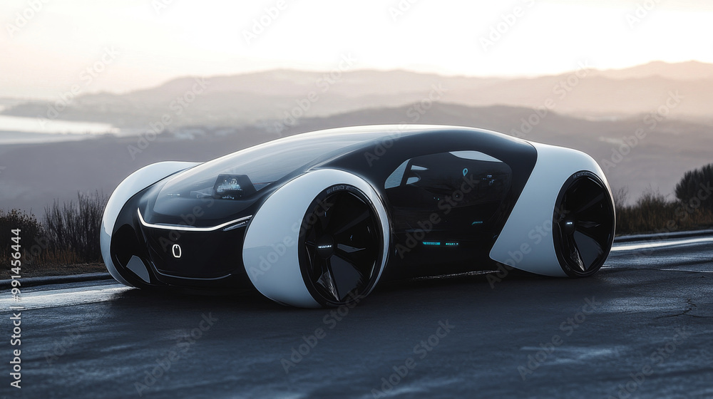 Poster a futuristic car designed to drive itself, using artificial intelligence (ai). it has advanced gps t