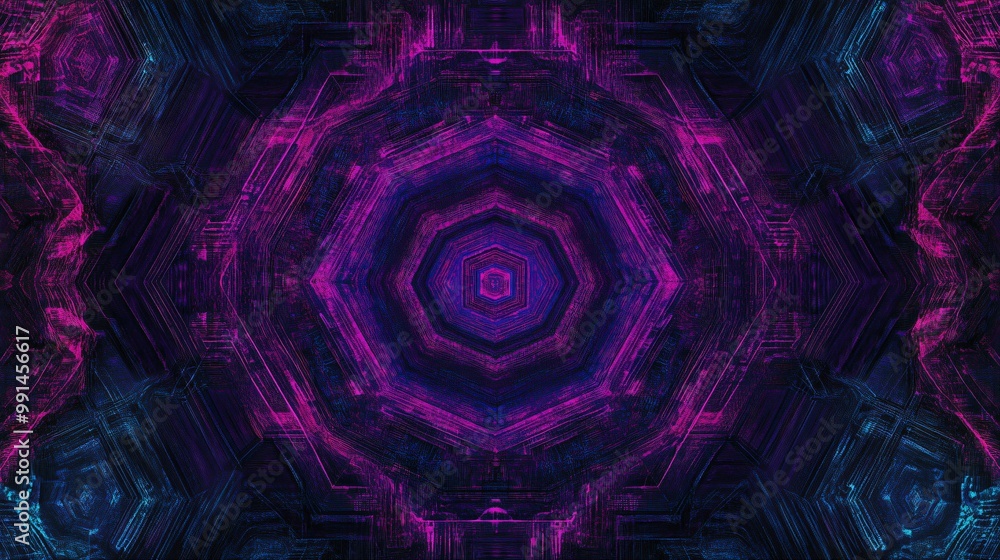 Poster abstract dark background with pink and blue neon lines forming a hexagonal pattern, resembling a dig