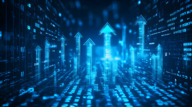 fondo digital con una grafica representada por flechas hacia arriba en crecimiento econ&oacute;mico y exito con datos digitales en las finanzas 