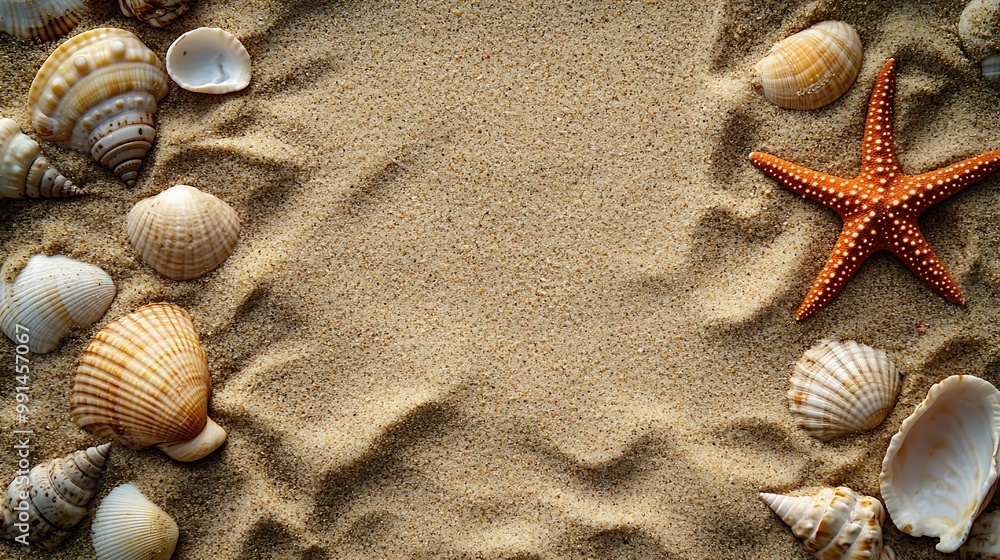 Aufkleber Top view of a sandy beach texture with imprints of exotic seashells and starfish as natural textured background : Generative AI