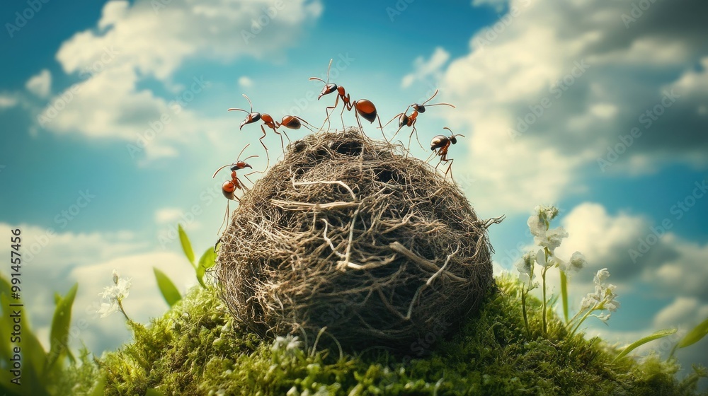Poster ants building a nest in the ground with an expansive sky providing ample room for text.