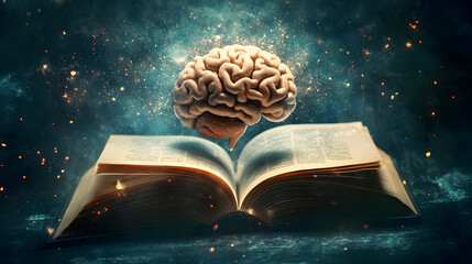 un cerebro humano sacando informacion estudiando de un libro y obteniendo conocimientos y aprendizaje a través de la lectura 