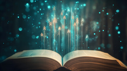 un libro abierto donde salen flechas que indican el exito y la inteligencia por medio de la lectura y el conocimiento intelectual 