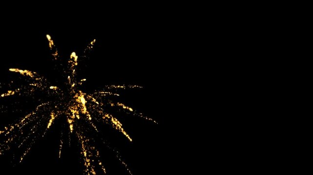 Fireworks celebration clip. Alpha channel ready, isolated transparent background. Floating golden sparkles. Glowing Particles.