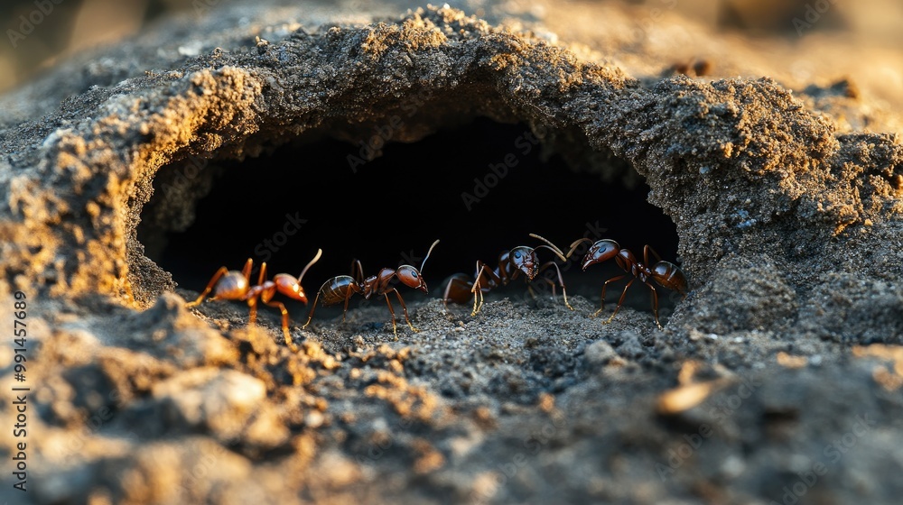 Poster ants building a nest in the ground, with an open space above the nest for text.