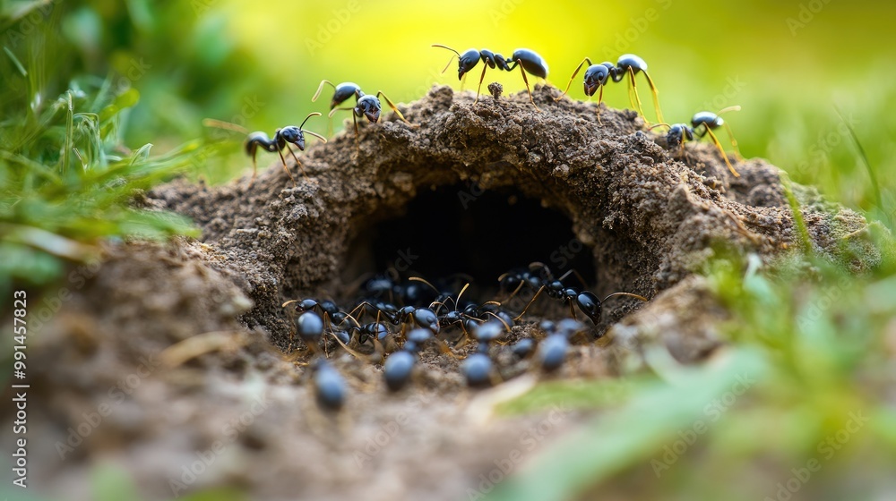 Poster ants building a nest in the ground, with an open space above the nest for text.