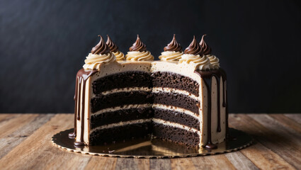 decadent chocolate cake with creamy frosting and a rich chocolate drizzle. The dark backdrop emphasizes the tempting, detailed layers of the cake slice