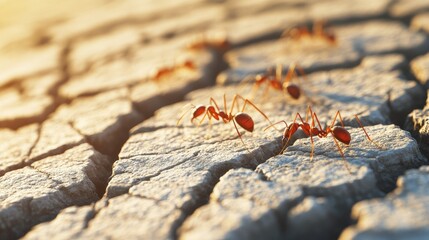 Fototapeta premium Ants crawling across a cracked, dry surface with ample space in the background for text. -