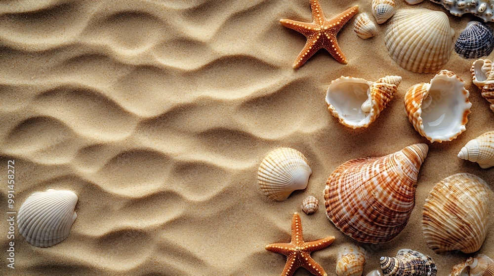 Poster Top view of a sandy beach texture with imprints of exotic seashells and starfish as natural textured background : Generative AI