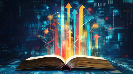un libro abierto sobre una mesa del libro sale informacion y unas flechas que indican el crecimiento en el aprendizaje y la informacion lectura e inteligencia