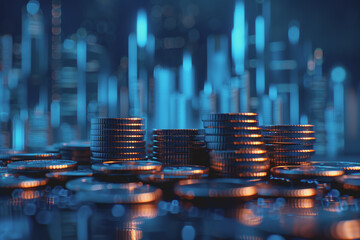 Blue financial graphs and charts with coins show business growth and investment market profits.