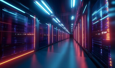 Futuristic Data Center with Server Racks in Neon Lights