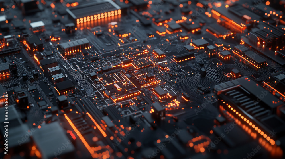 Poster a modern electronic circuit board with complex connections. it represents the technology behind arti