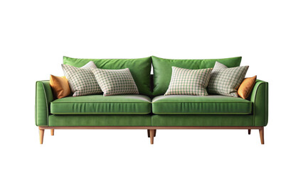 Stylish green sofa is decorated with a mix of patterned and plain cushions, giving it a cozy and inviting look.Background is transparent, which highlights the bright shade of the sofa and pillows.AI 