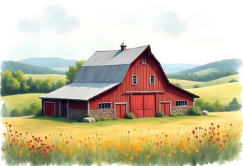 Obraz premium Watercolor Barns Clipart. Farm Style. Red Barn House, Horse, Wood Gate Illustrations. Wedding Invitation DIY. 